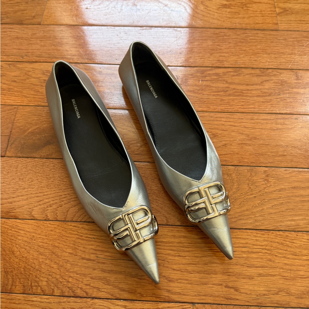 Balenciaga Metallic Silver Pointed Toe Logo Flats